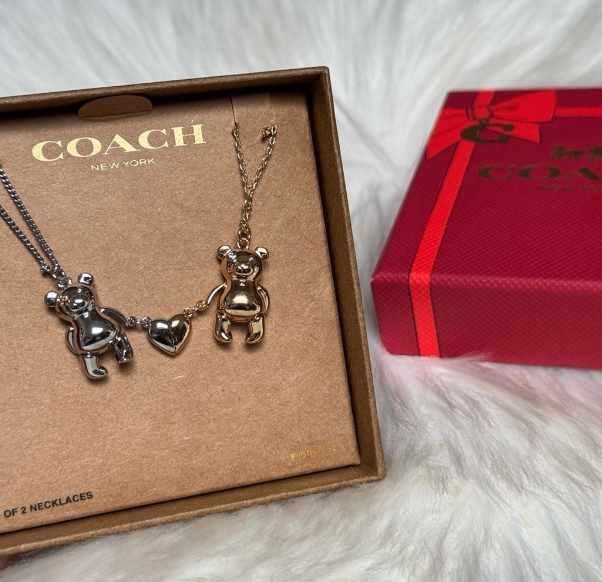 Coach Teddy Bear Heart Friendship Necklace Duo Set CY112 New With Box