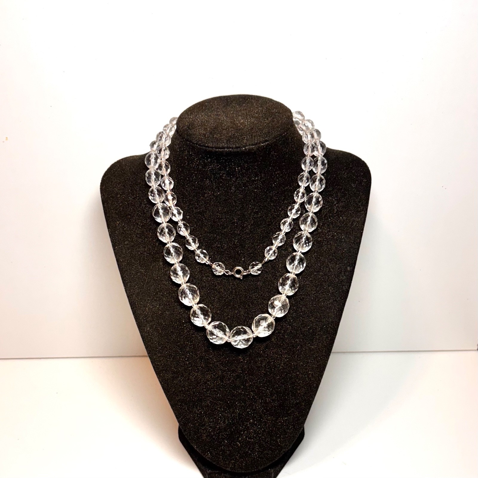 NECKLACE clear faceted glass beads graduated clear spacers white cord 30 1/2″