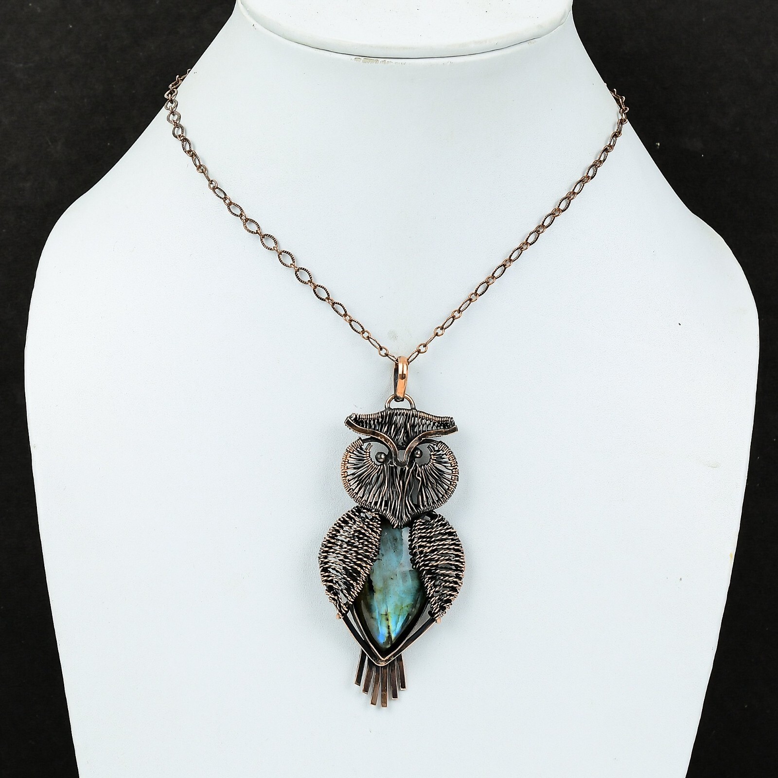 Labradorite Gemstone Jewelry Copper Mother Gift Wire Wrapped Owl Pendant 3.62″