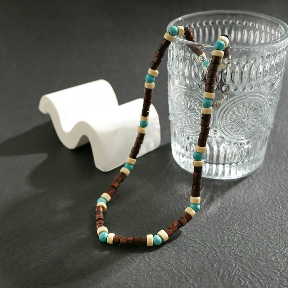 Bohemian Surfer Necklace For Men – Wood & Turquoise Beads, Adjustable 18″+2.7″