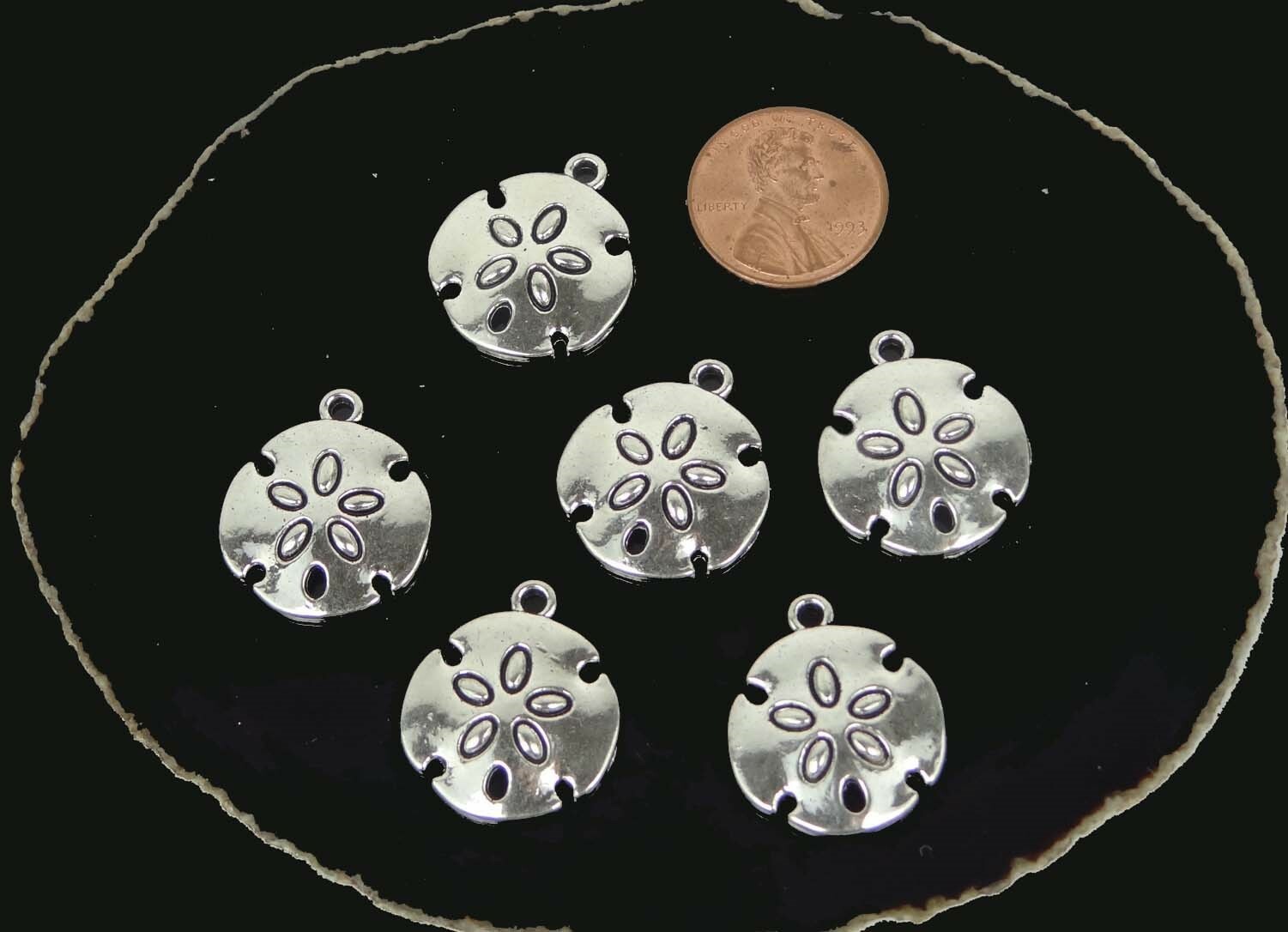 6 Sand Dollar Charm Antique Silver Pewter Shell Pendant 23x20mm