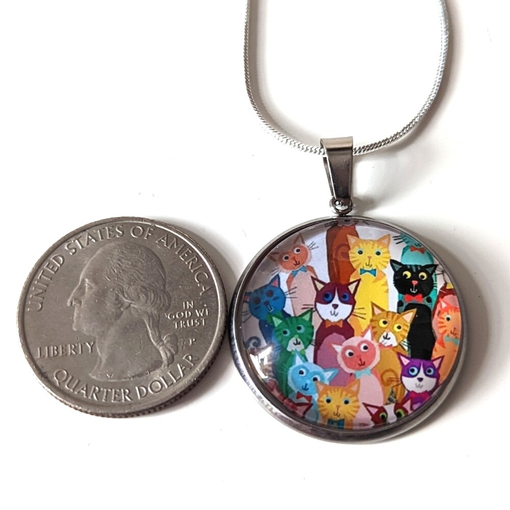 Cartoon Cats Hand Crafted Stainless Steel Charm Stamped Sterling Silver Necklace
