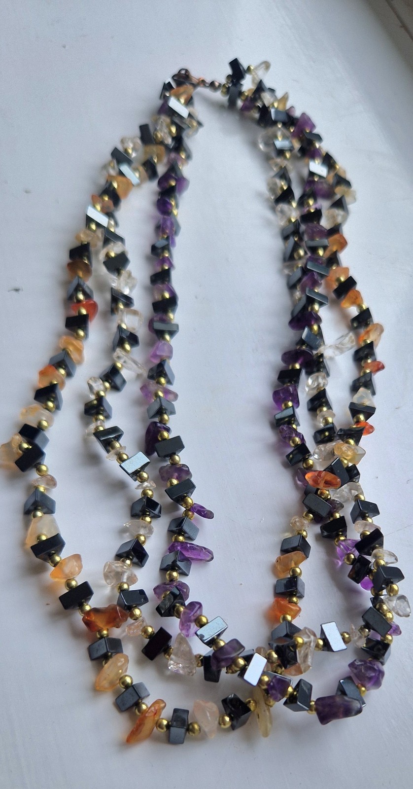 Vintage Triple Strand Gemstone Necklace | Amethyst, Citrine, Hematite & Quartz