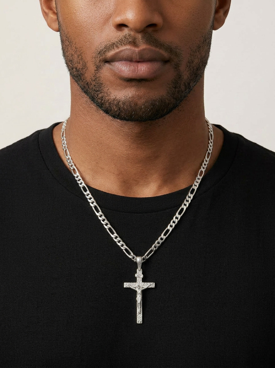 Silver Crucifix Necklace: 5mm Figaro Chain, Rhodium Plated, Men’s Necklace
