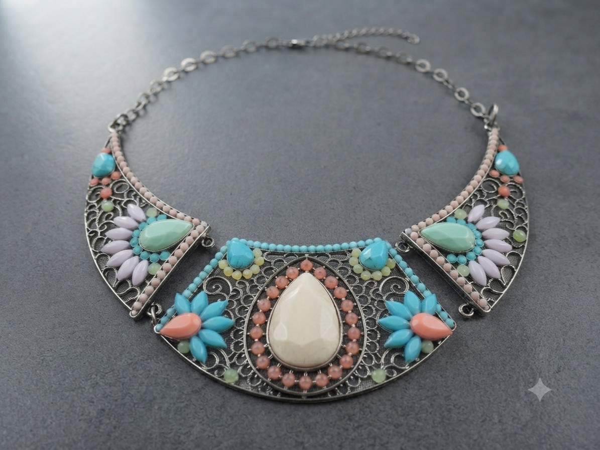 Retro Statement Collar Necklace Multi Color Beads Antique Silver Plated