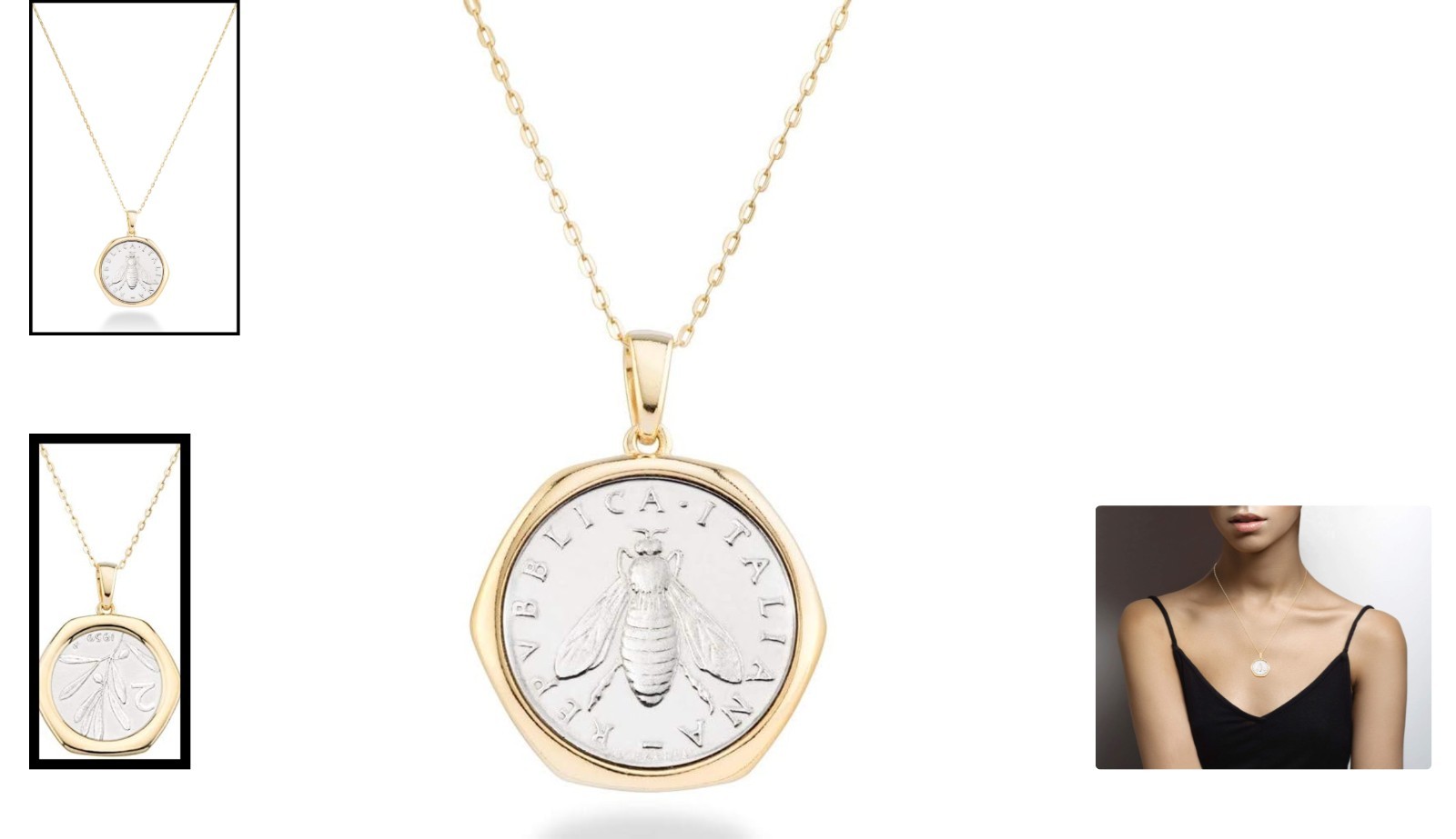 Chic 2-Lira Bee Coin Necklace: 18K Gold Plated Sterling Silver, Casual Elegance