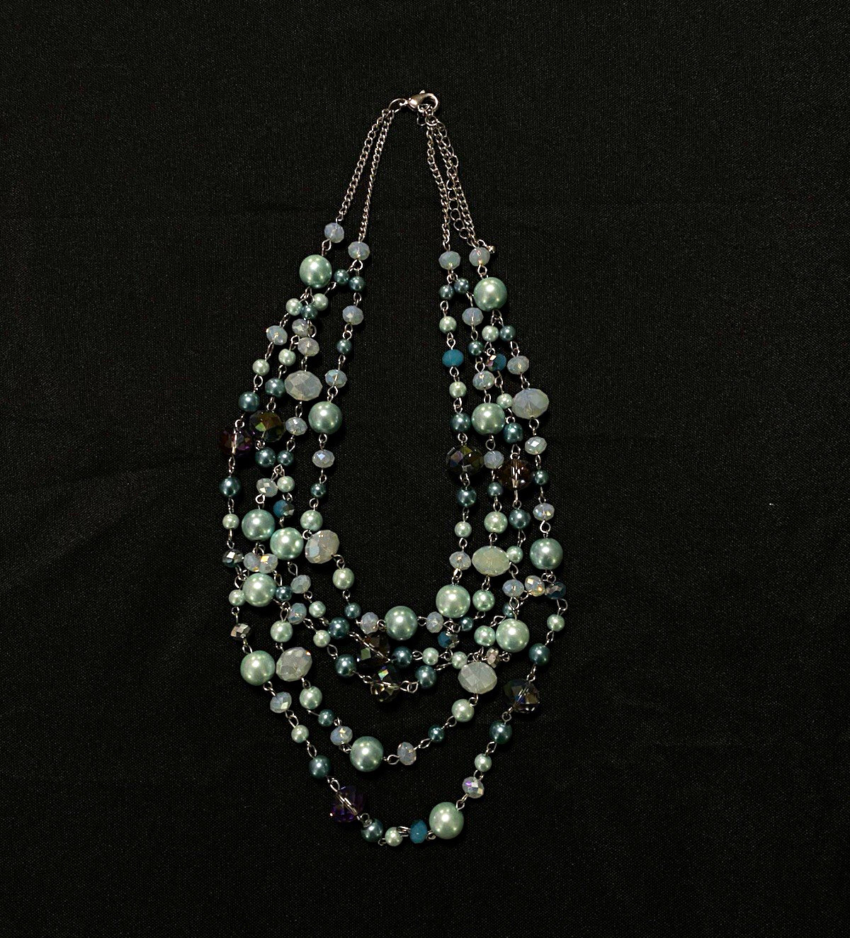 Layered Gray & Black Glass Round Beaded Statement Necklace, Ball/Bead Chain