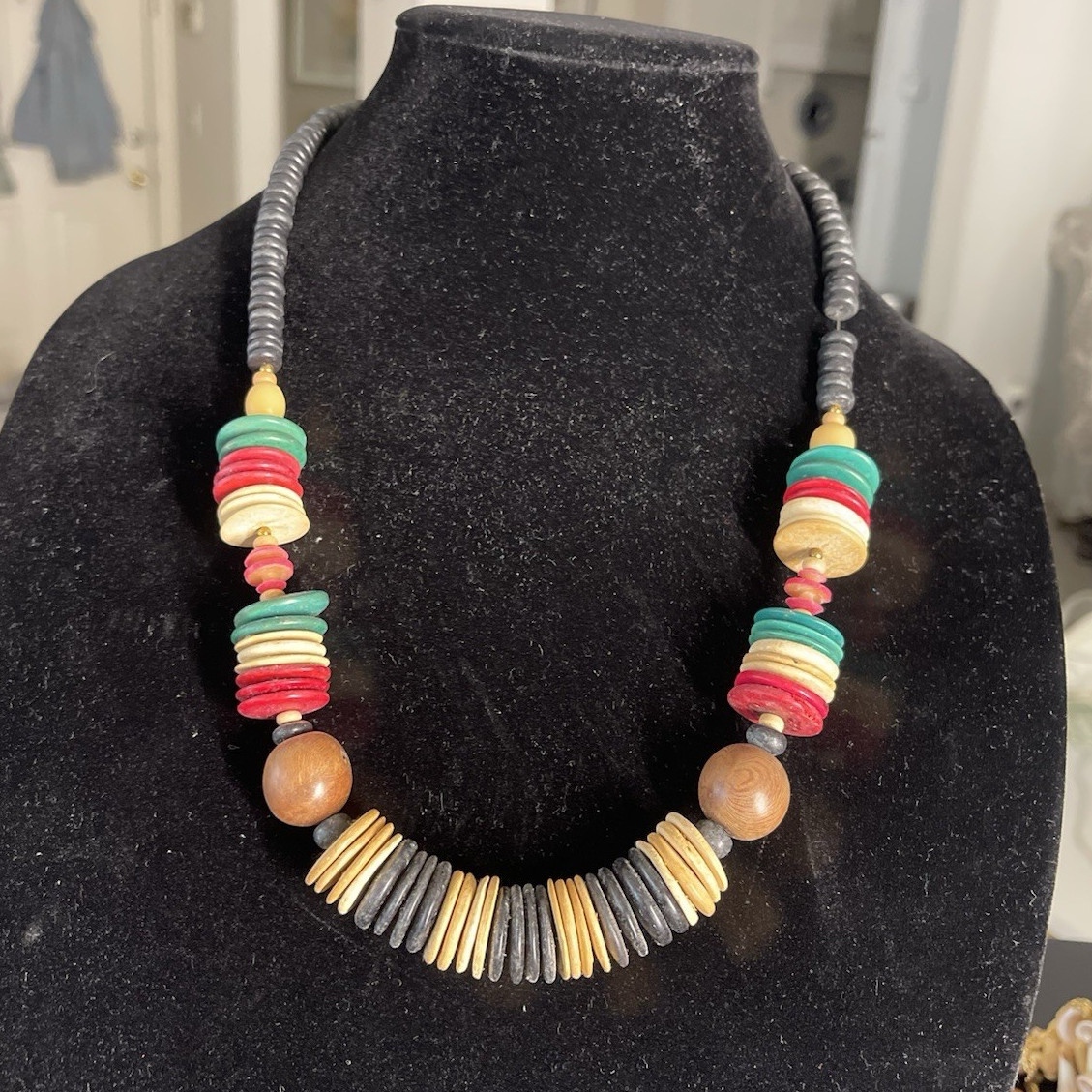 Multicolor Beaded Statement Necklace Heishi Disc & Round Beads Barrel Closure
