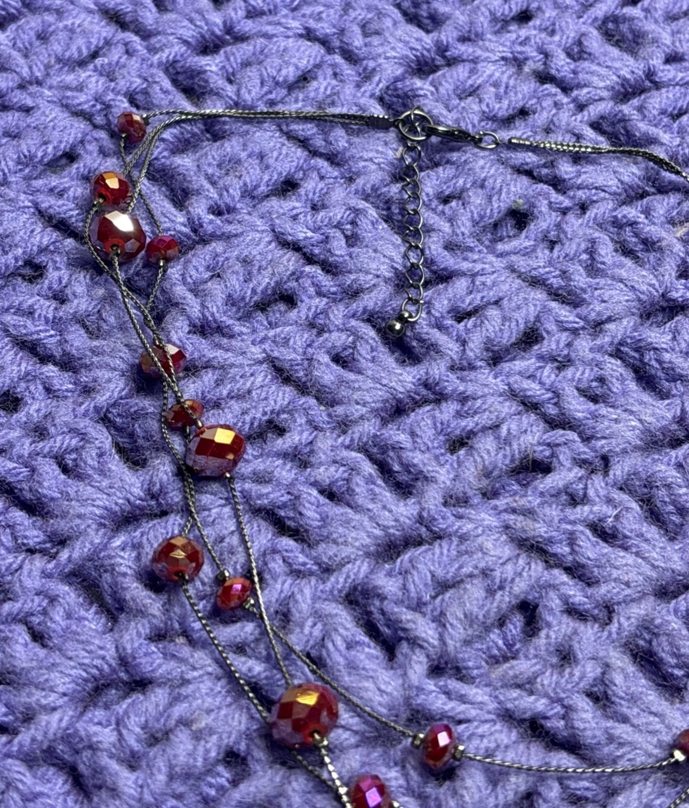 3 Strand Gunmetal Chain Necklace Red Iridescent Faceted Glass Station Beads