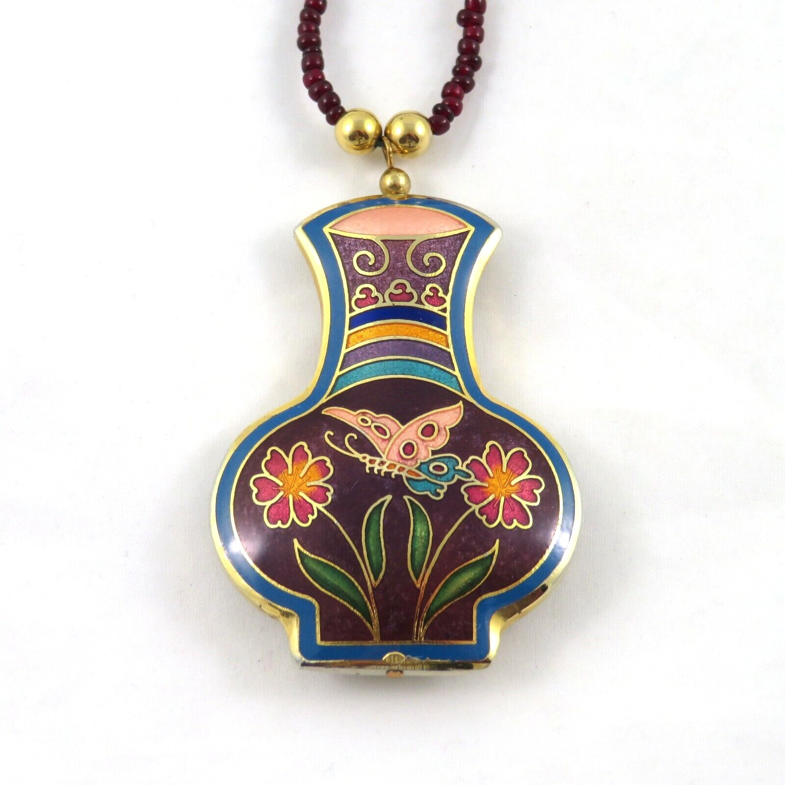 Enamel Flower Vase Pendant Necklace Butterfly Beaded Chain 37.75″