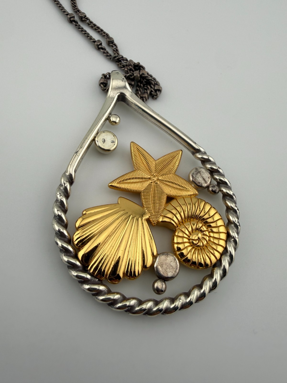 Brighton Sea Life Statement Necklace Starfish Shell Nautilus Mixed Metal 36″
