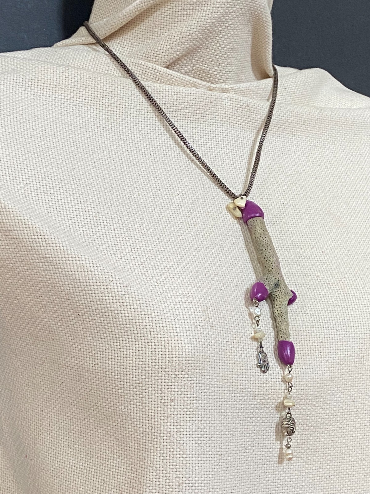 Handcrafted Coral Necklace with Purple Clay Accents and Spiritual Charms