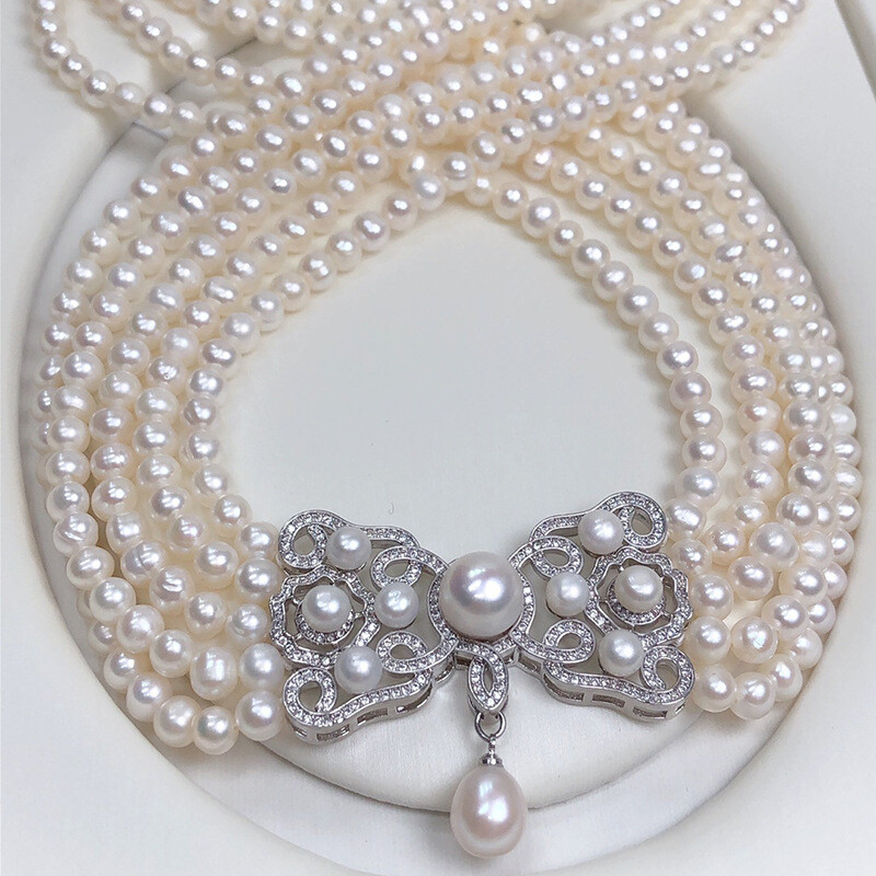 5 Row 6-7mm White Freshwater Pearls Pendant Necklace 18″