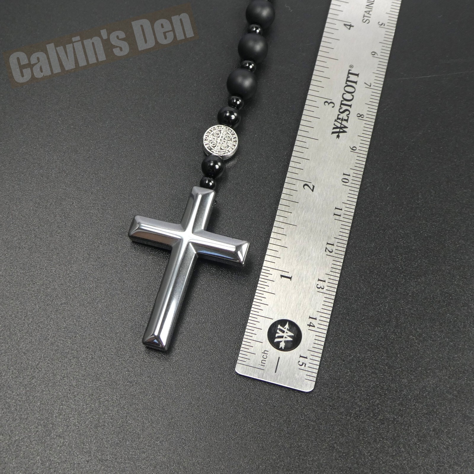 St Benedict Black Obsidian Onyx Black Hematite Cross Rosary Necklace Men Gift