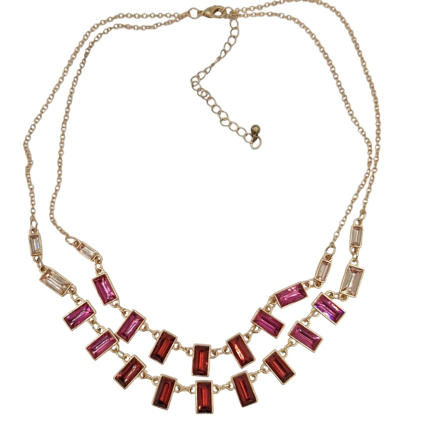 Gold Tone Ombre Red Pink Rhinestone Necklace Emerald Cut Two Strand 16-19″