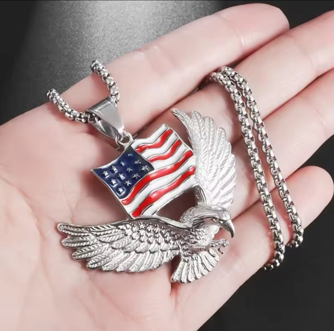 Men’s Hip Hop Fashion Eagle American Flag Silver Color Pendant and Necklace 5-2F