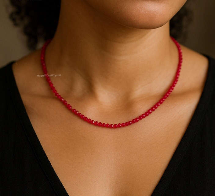 Tiny Red Garnet Gemstone Beaded Minimalist Choker Dainty Birthstone Jewelry Gift