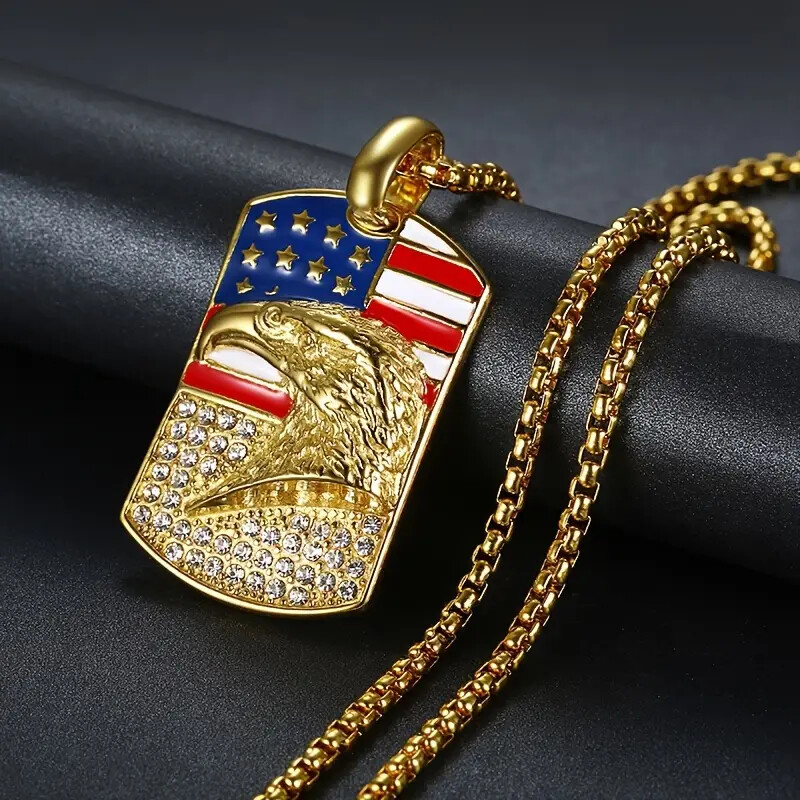 316L Stainless Steel American Eagle Dog Tag Pendant 3mm 24″ Rolo Chain Necklace