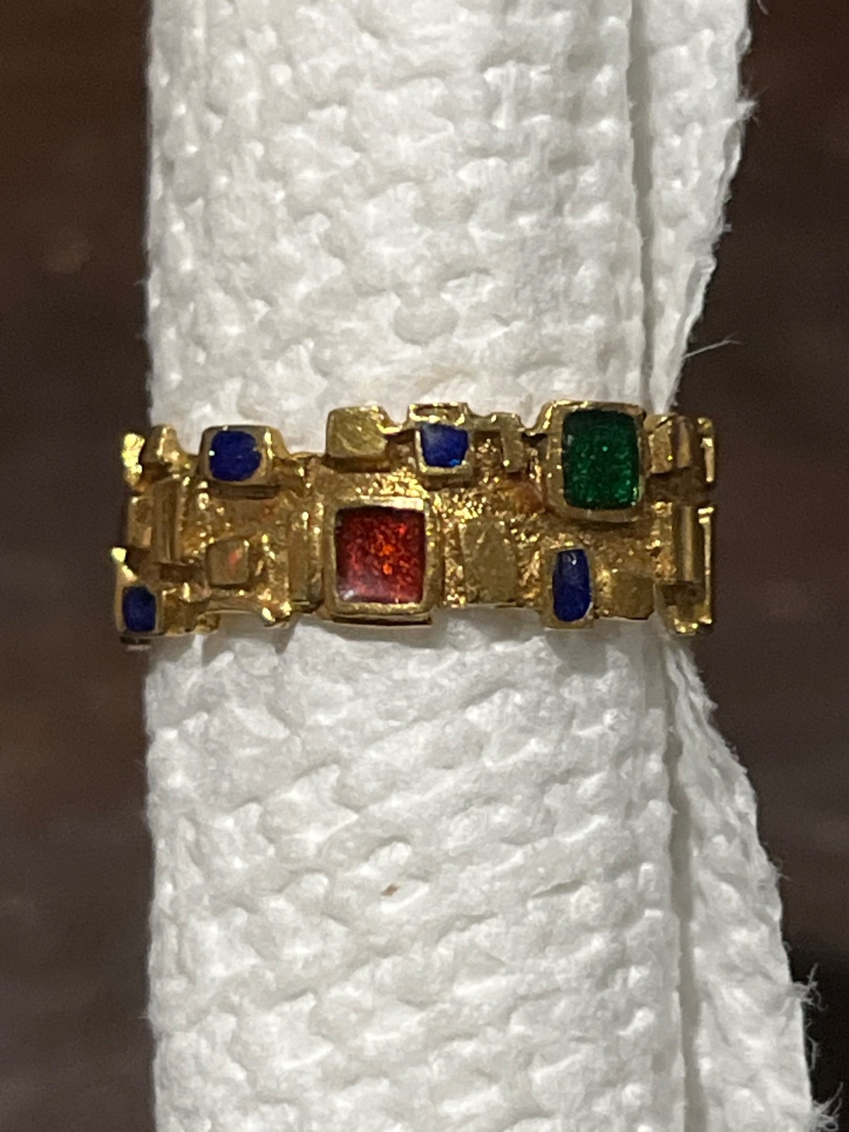 1970s modernist 14k gold geometric multi gemstone mosaic band estate piece