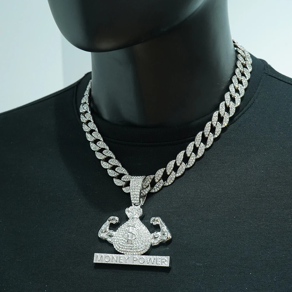 HipHop MONEY POWER Pendant Necklace Chain CZ Iced Fashion Punk Men Women Jewelry