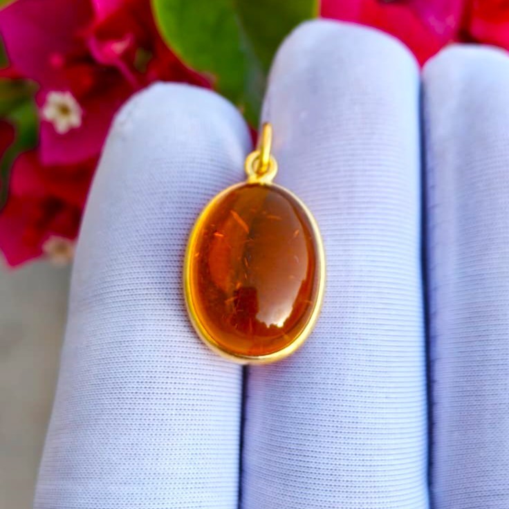 Natural Amber Gemstone Pendant Charm 925 Sterling Silver Gold Plated Jewelry
