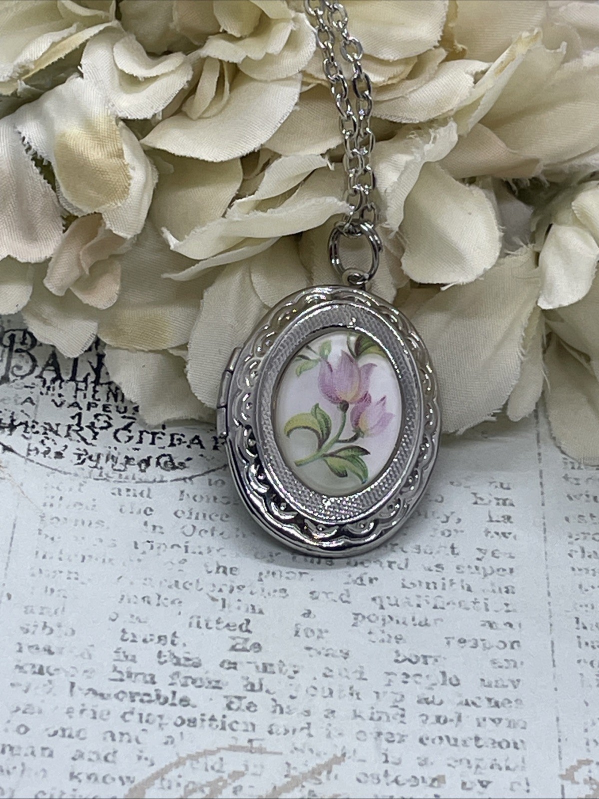 Pink Frosted Tulip Silver Photo Locket Necklace Bridal Gift Mom Wife Anniversary