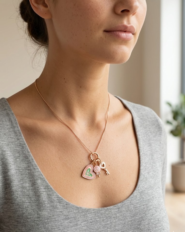 Delicate Enamel Heart Key Lollipop Style Venetian Box Chain Necklace