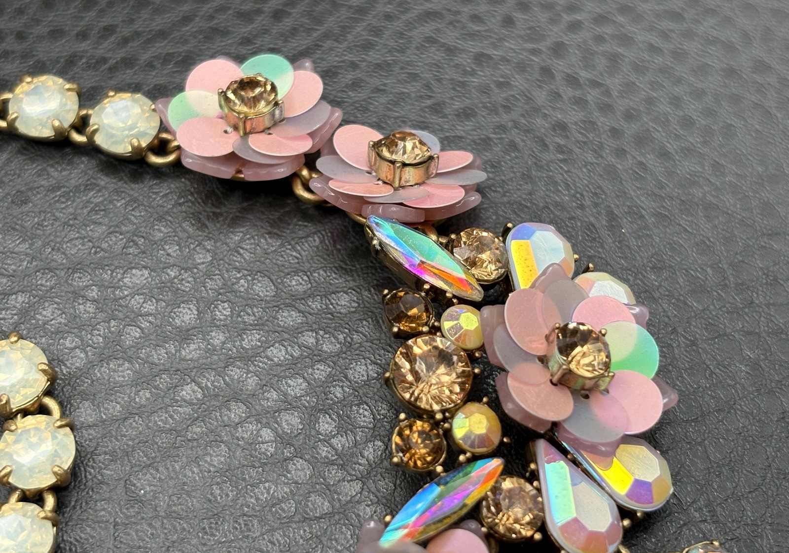 J Crew Amazing Floral Statement Bib Necklace Iridescent Pink Flowers Rhinestones