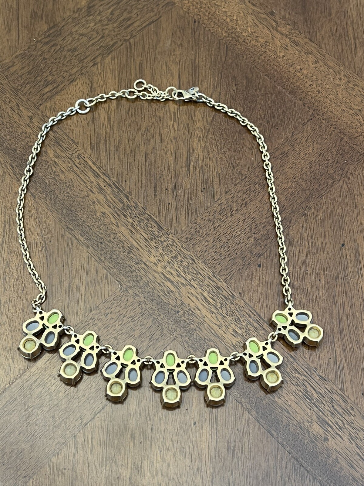 J. Crew Lime Green & Gray Rhinestone Fashion Statement Necklace Gold Tone Nice!