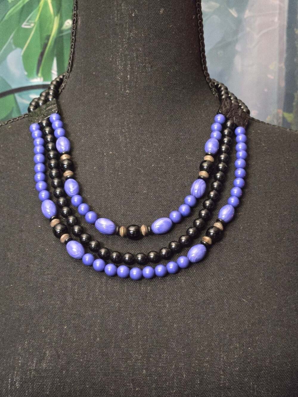 Vintage Multi-Strand Blue and Black Bead Necklace with Adjustable Clasp