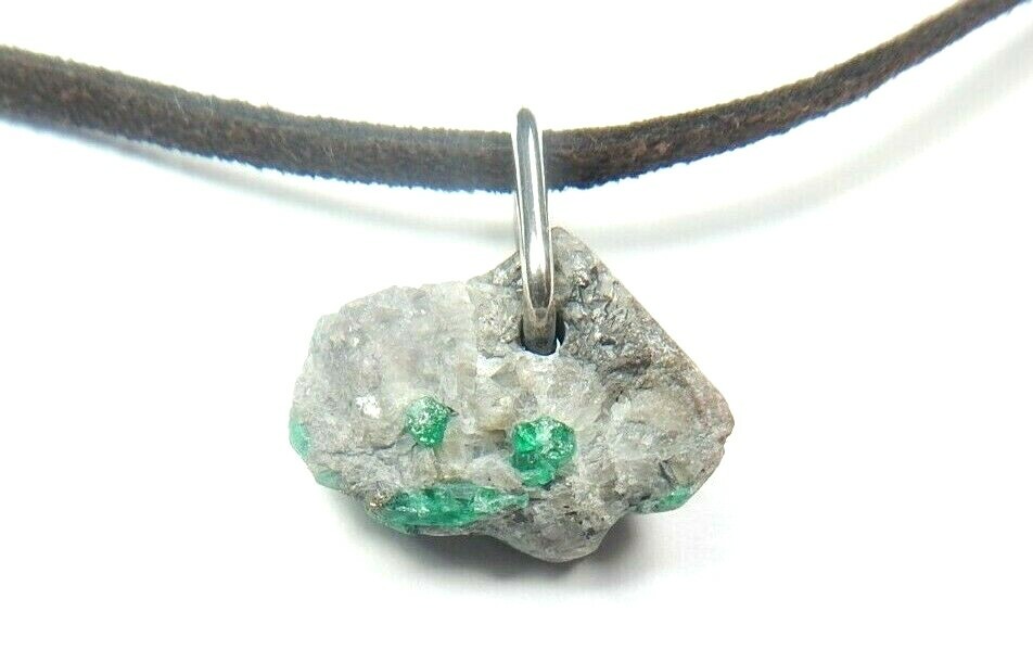 Colombian Emerald Raw MineraL Beryl 12.00 Cts Silver- Leather Necklace Muzo Mine