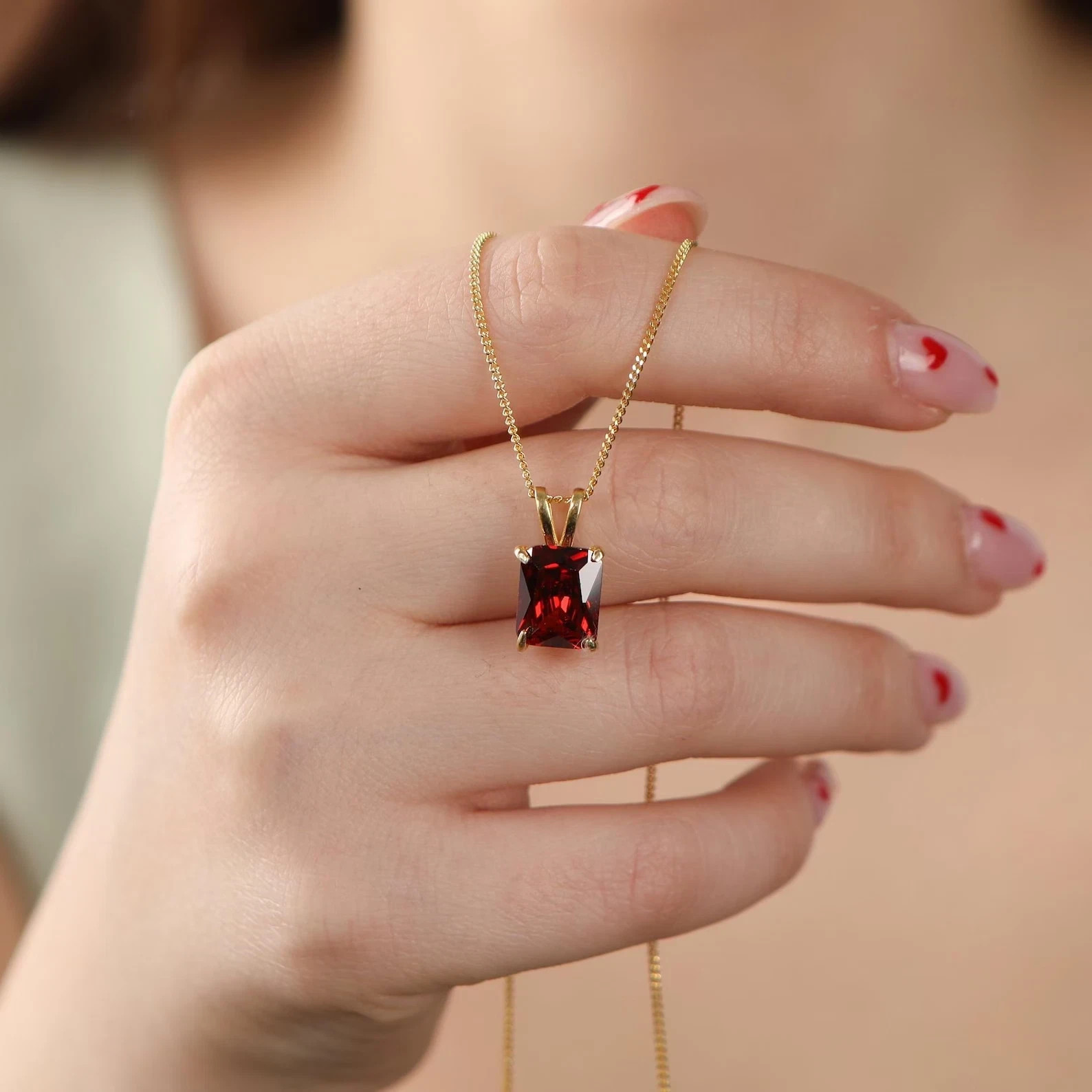 Rectangle Garnet Necklace Sterling Sliver Dainty Minimalist Red Gemstone Jewelry