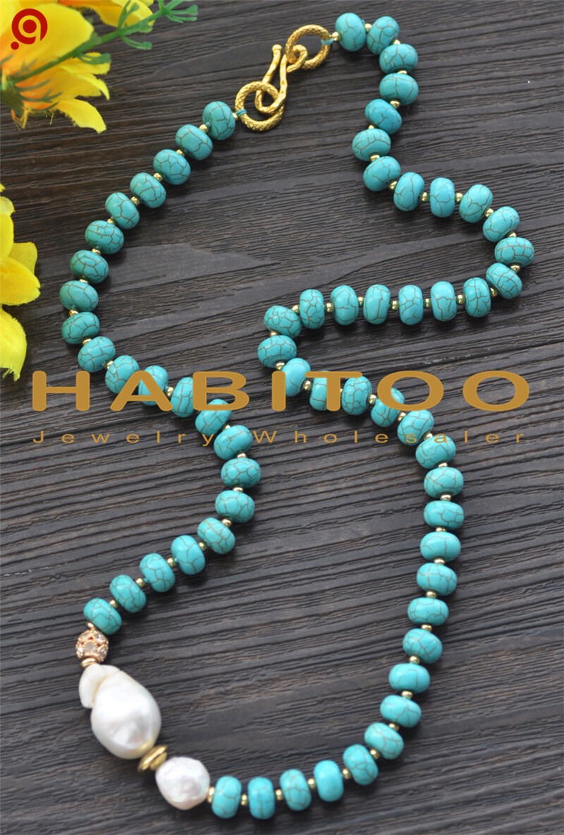 25″ 24mm Baroque White Keshi Pearl Rondelle Turquoise CZ Bead Necklace