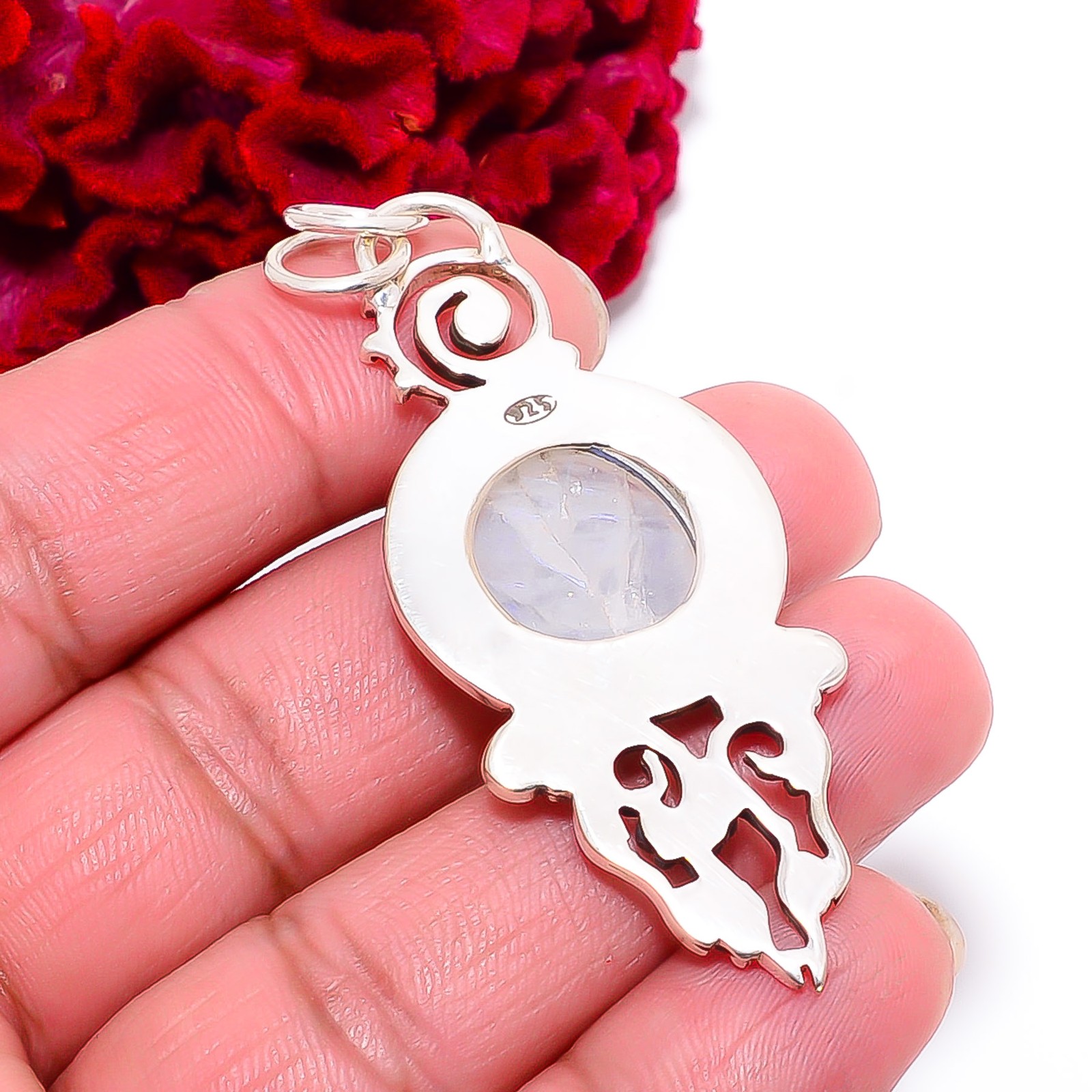 Rainbow Moonstone – India Designer Handmade 925 Sterling Silver Pendant 2.34″ P4