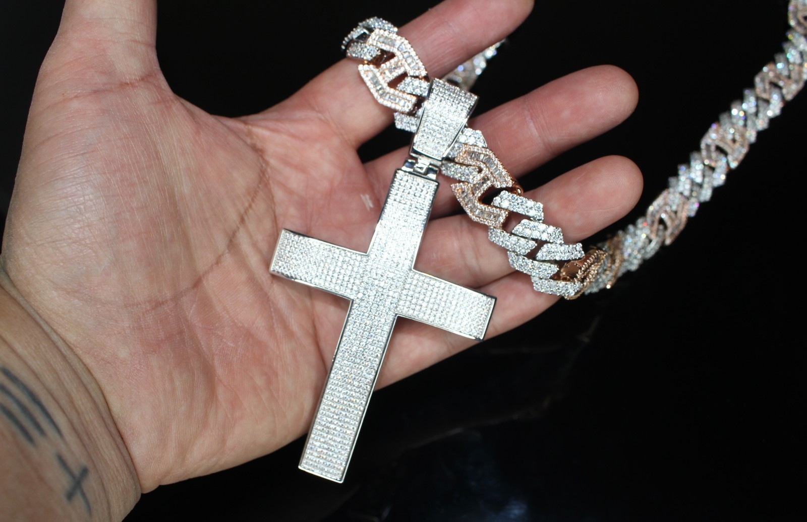 14k Stamp XL CROSS Pendant 14mm FIGARUCCI 2Tone Rose Chain 98ct Lab Sim Diamond