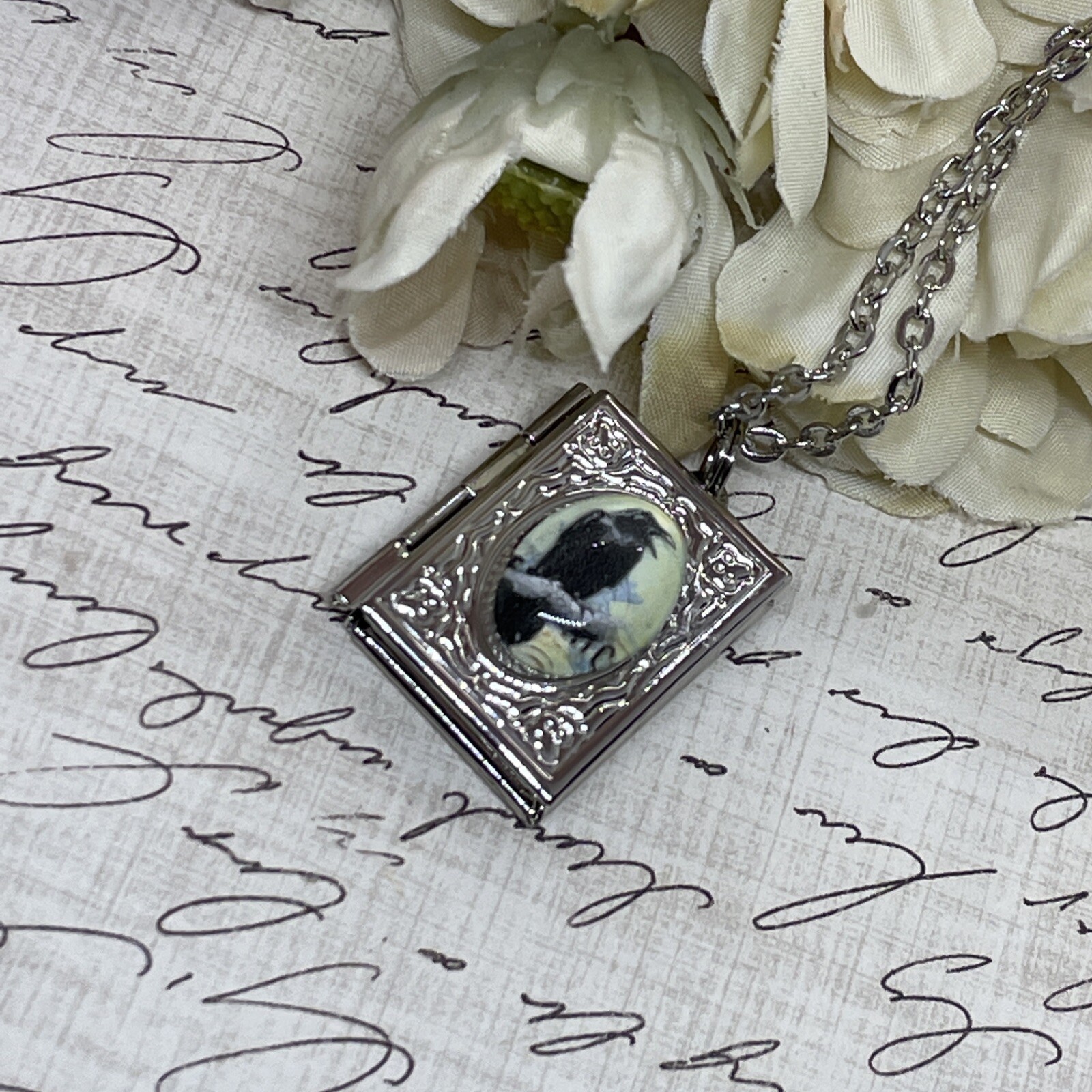 Black Gothic Raven Silver New Pendant Locket Necklace Crow Photo Book birthday