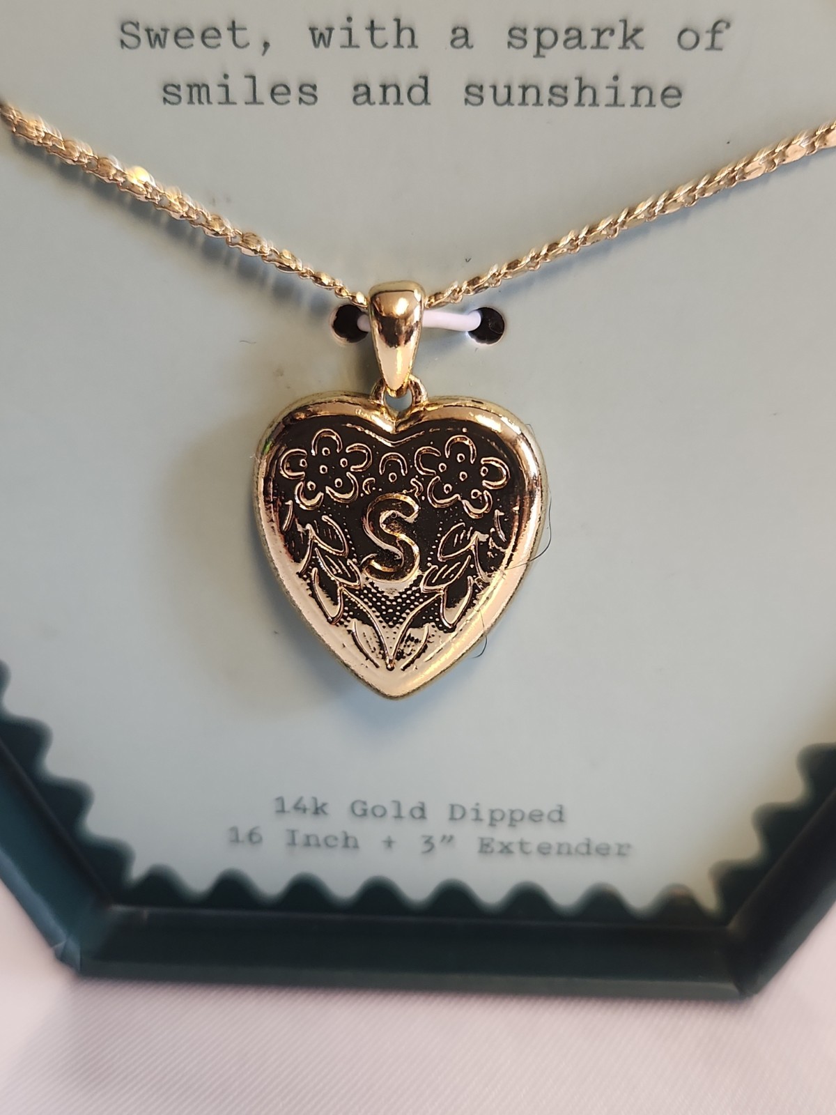 A New Day 14k Gold Dipped Initial S Heart Locket Necklace Floral Engraved Boxed