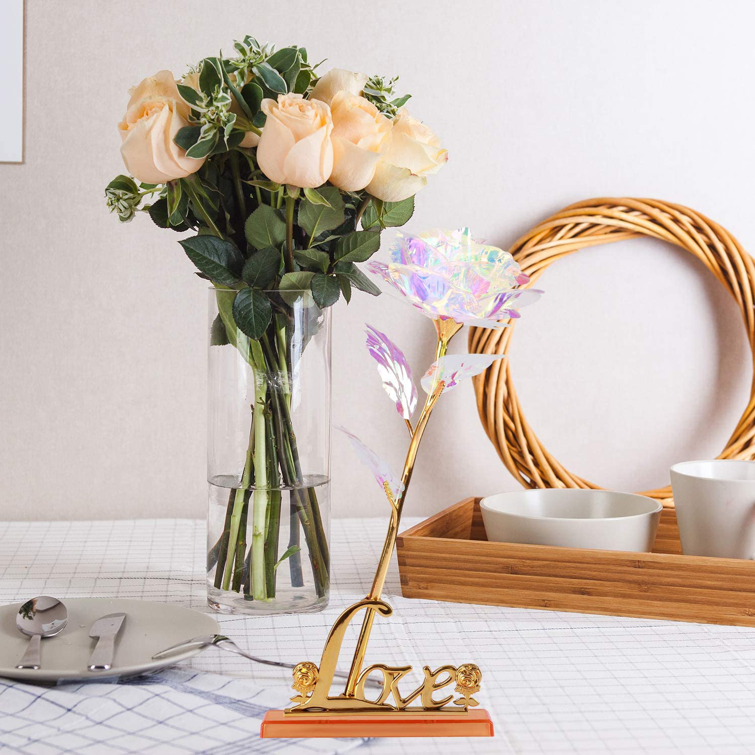 Rainbow Rose Gift for Her, Golden Flower Colorful Gold Foil Rose with Love