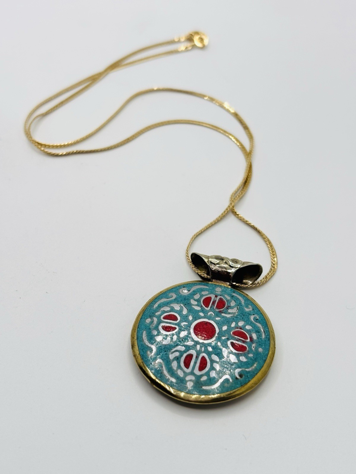 Symbolic Double-Sided Inlay Nepal Amulet Buddha Kathmandu Pendant Necklace