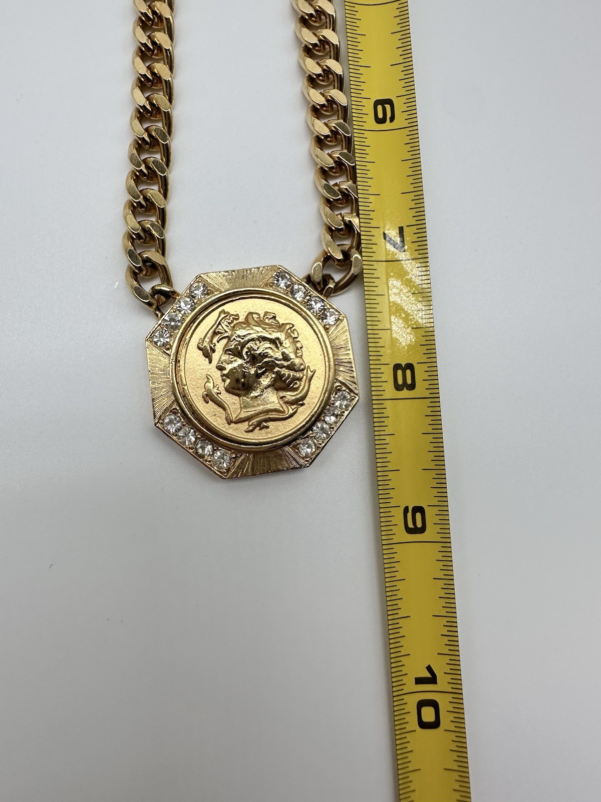 Gold Tone Miami Curb Chain/Crystal Accents/Roman French Emp. Faux Coin Pendant