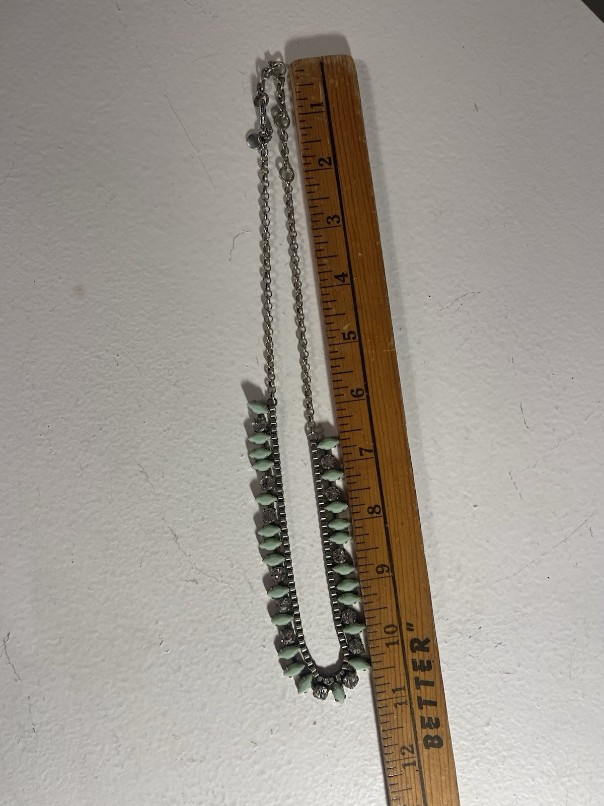 Crew Mint Green Marquise Statement Necklace Silver Tone Rhinestone Bib 22″