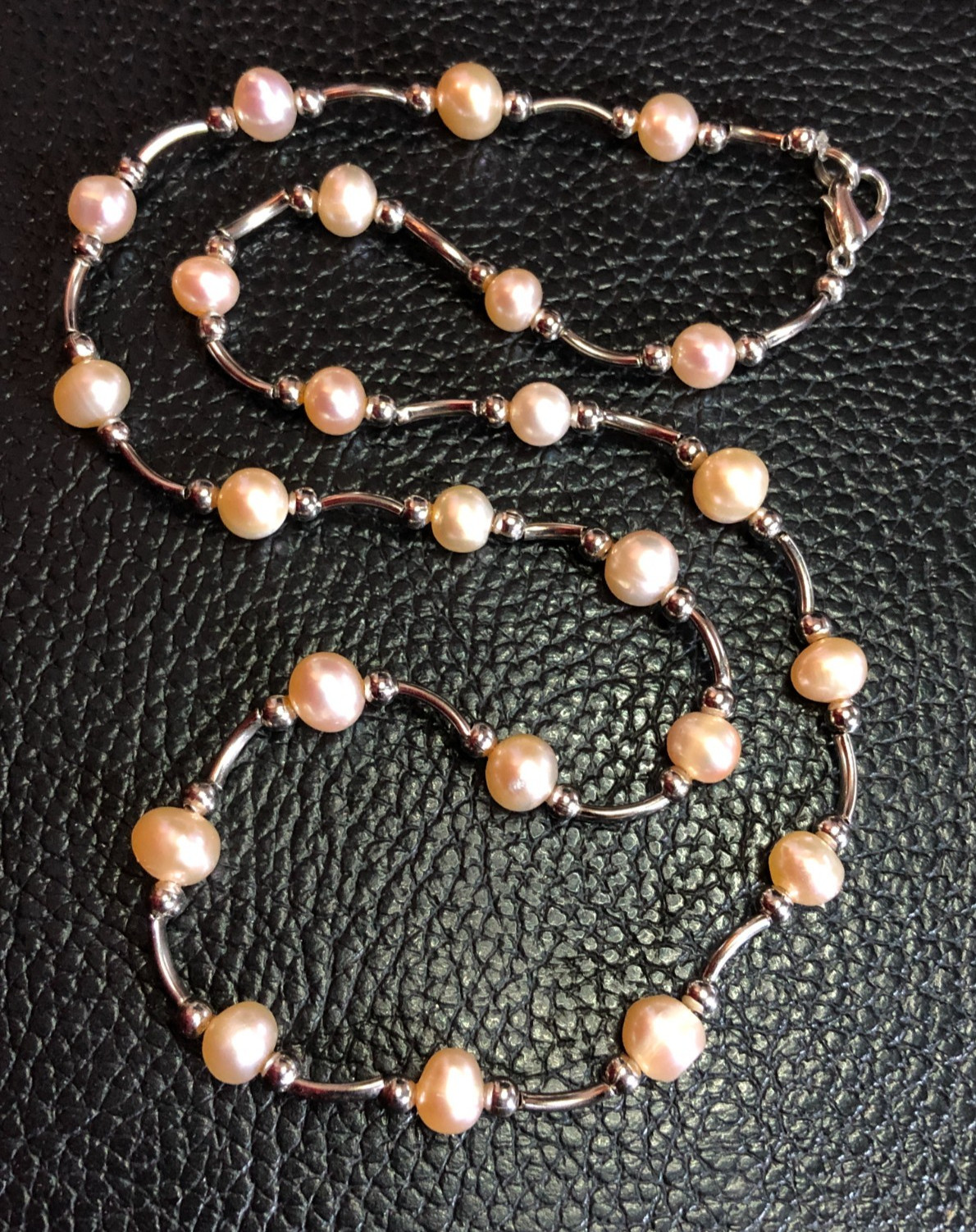Genuine Cultured Pearl Necklace PEACH Silver Wave Tube Station Bead 18.7″ 8489