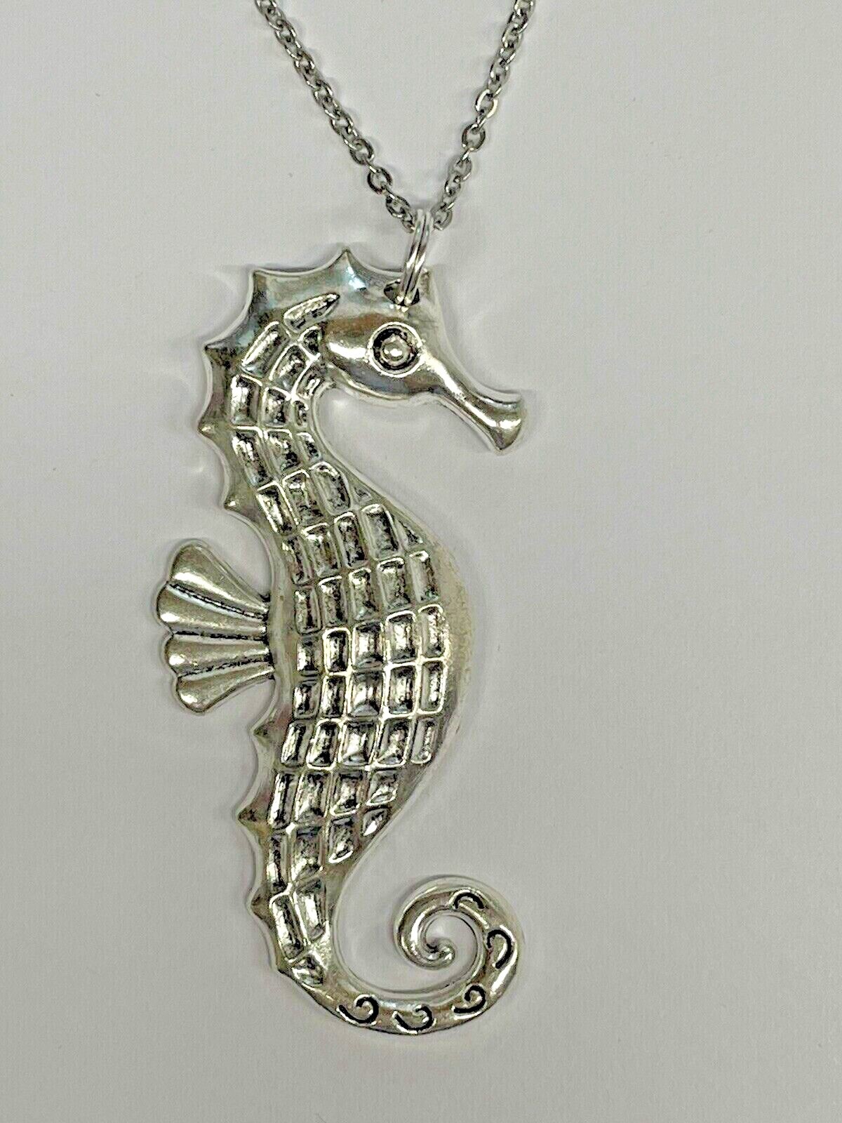 Sea Horse Silver Necklace 24″ Stainless Coastal Sea Life Jewelry NEW