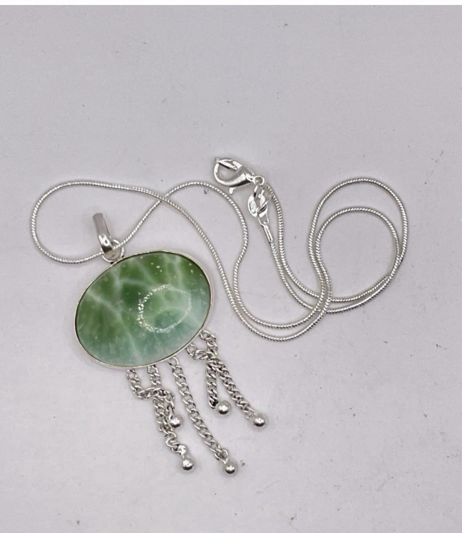 Green Larimar Sterling Silver plated Fringe Pendant Necklace