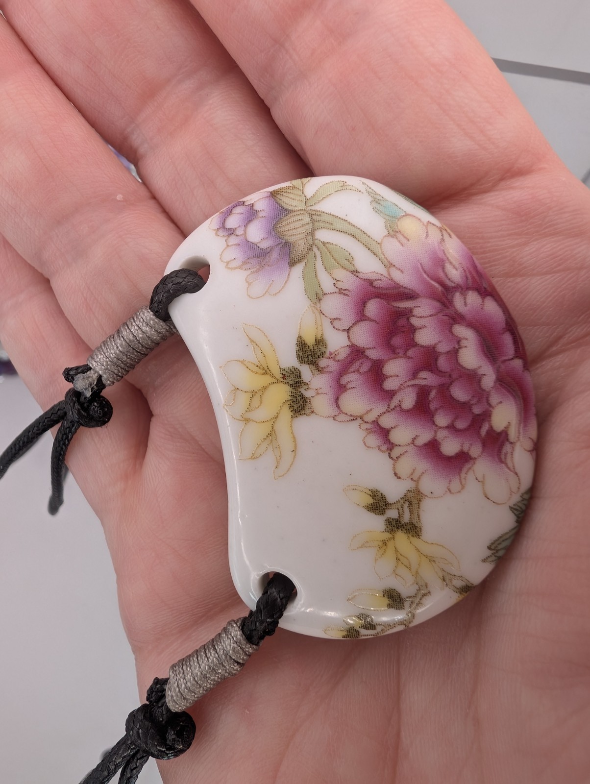 Crescent floral print white ceramic pendant adjustable cord NONE METAL Necklace