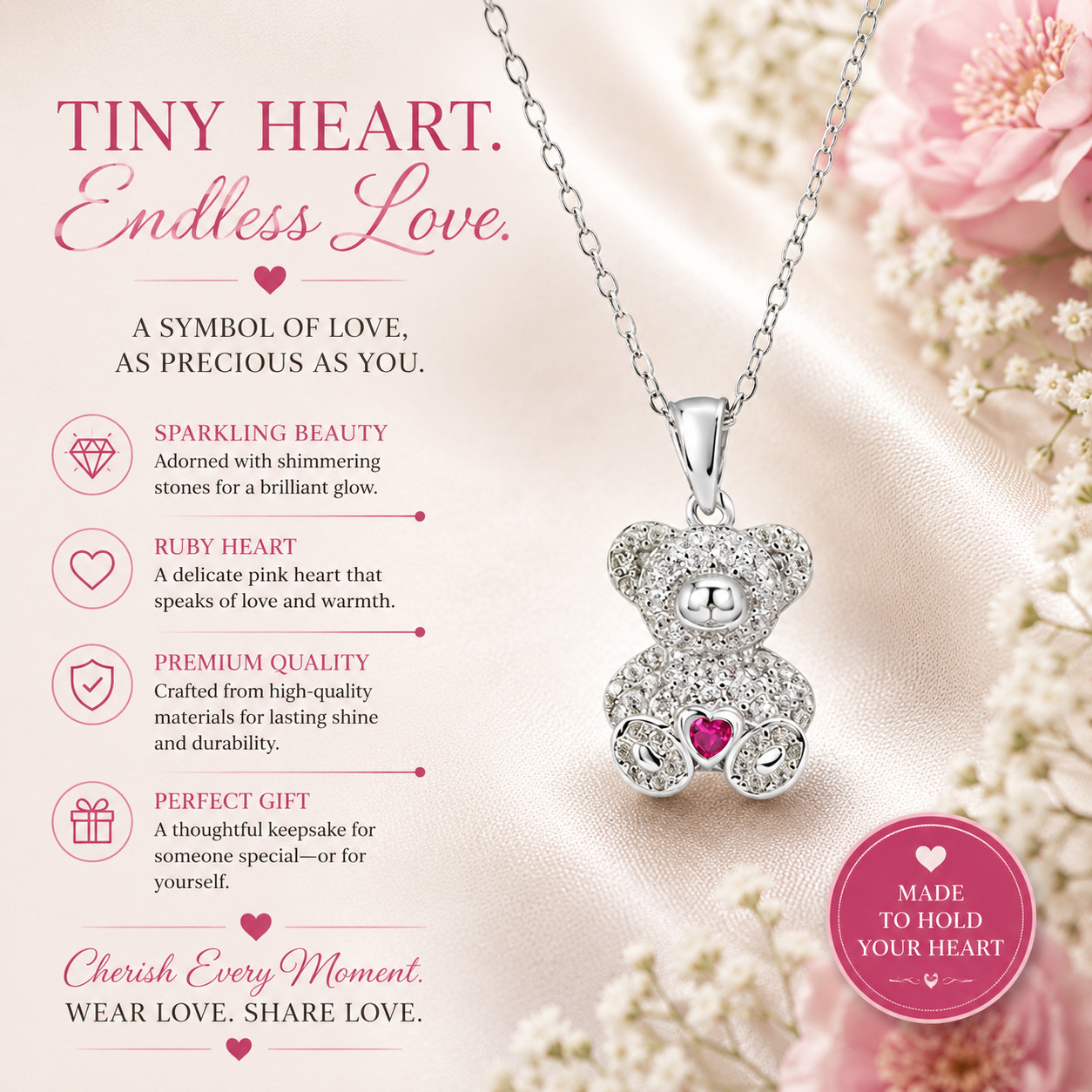 Sterling Silver Teddy Bear Pendant Necklace with a Center Red Heart Stone covere