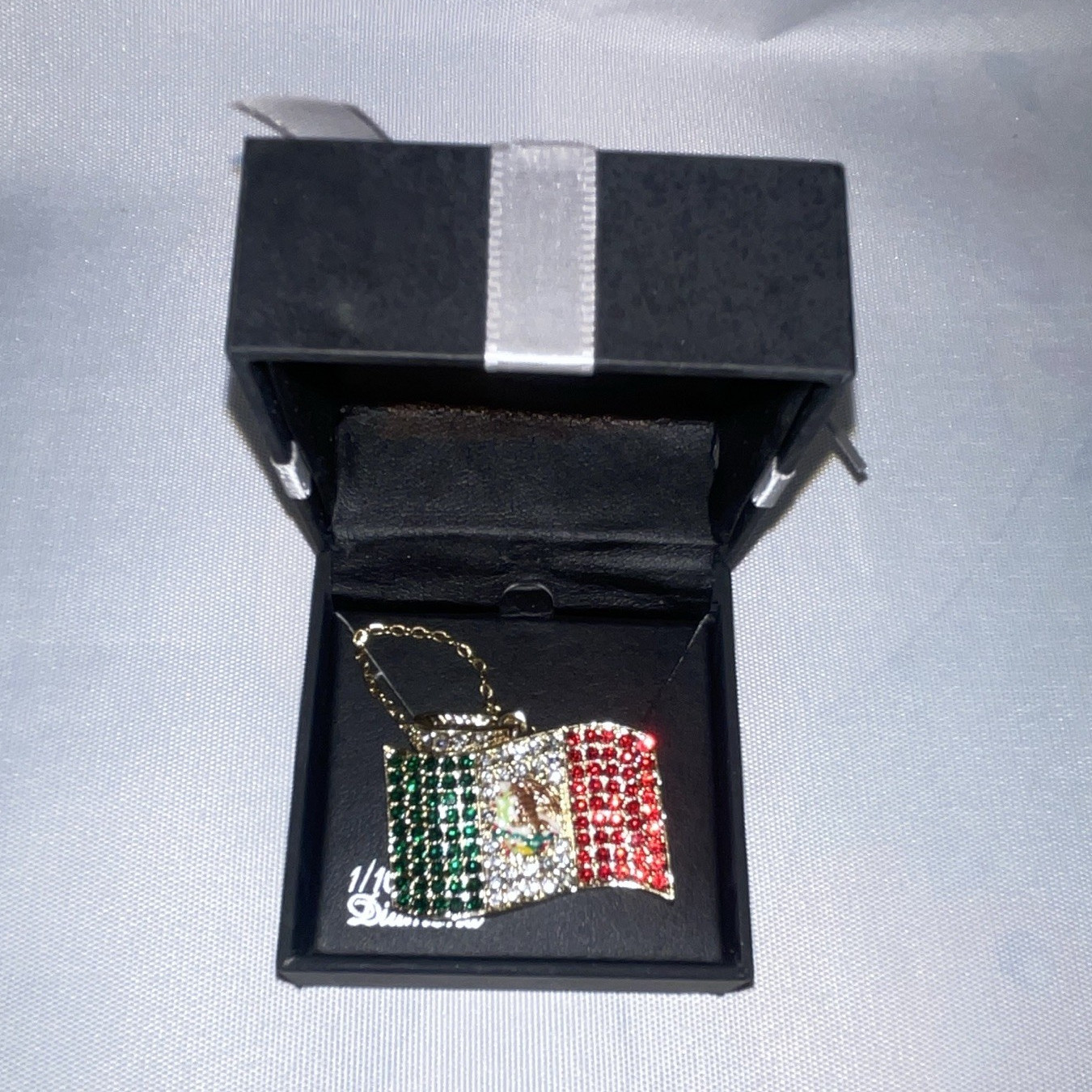Multicolor Mexican Flag Pavé Charm Pendant Metal Cable Chain Necklace
