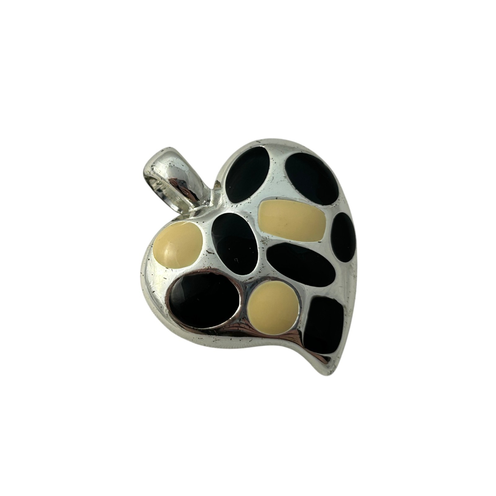 Silver Tone Heart Pendant Black Yellow Enamel Abstract Modern Charm
