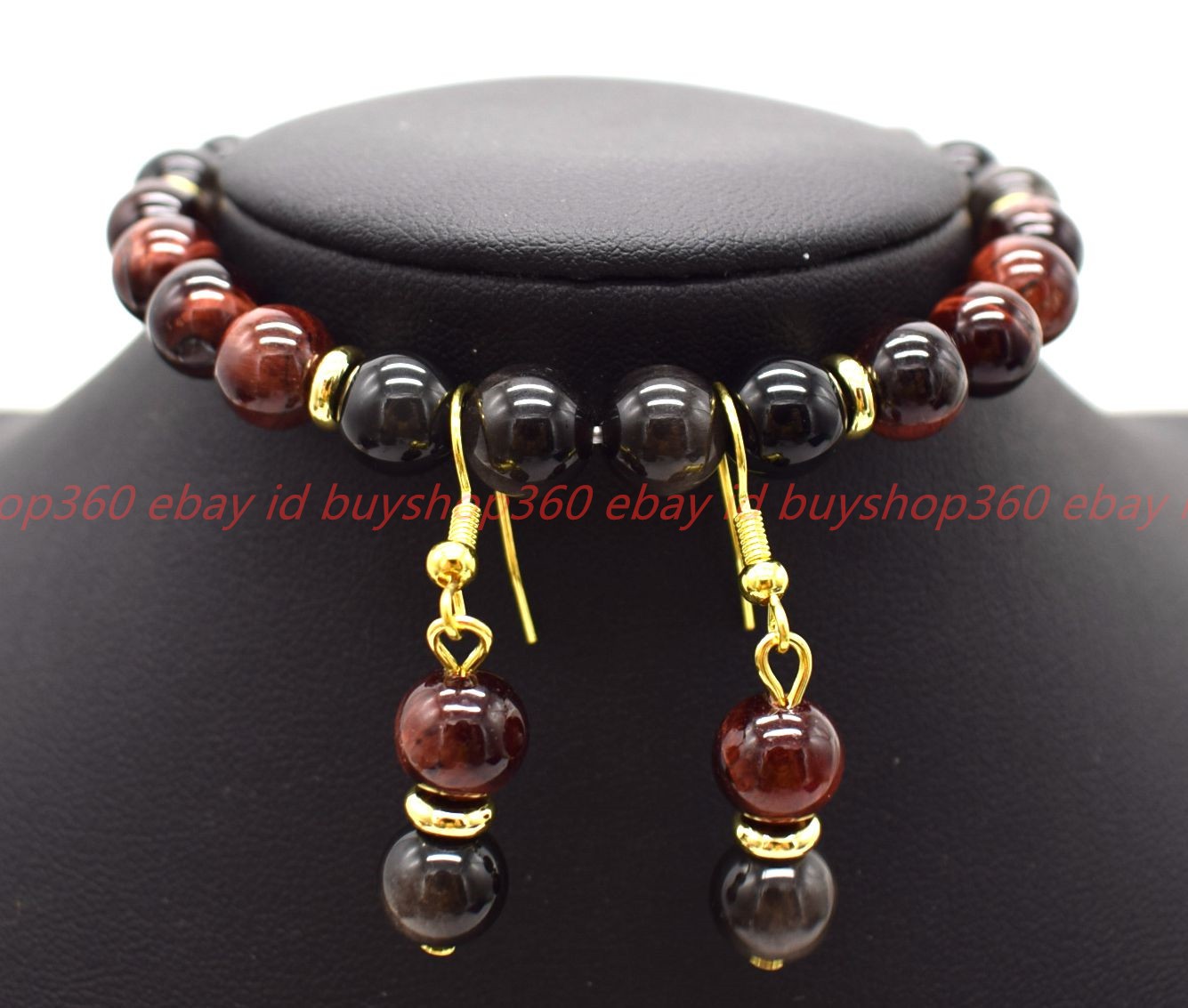 New 8mm Silver Obsidian Red Tiger’s Eye Gems Necklace Bracelet Earring 18/7.5in