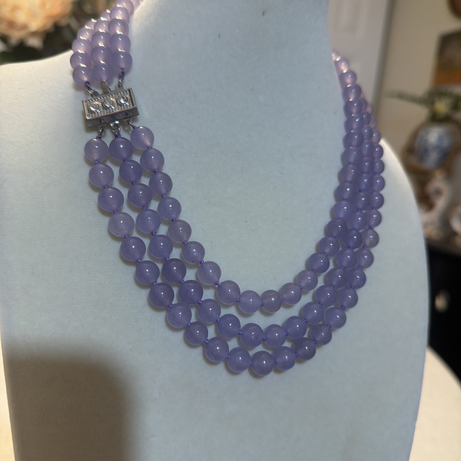 Vintage 3Row 8mm purple chalcedony jades necklace 17-19”